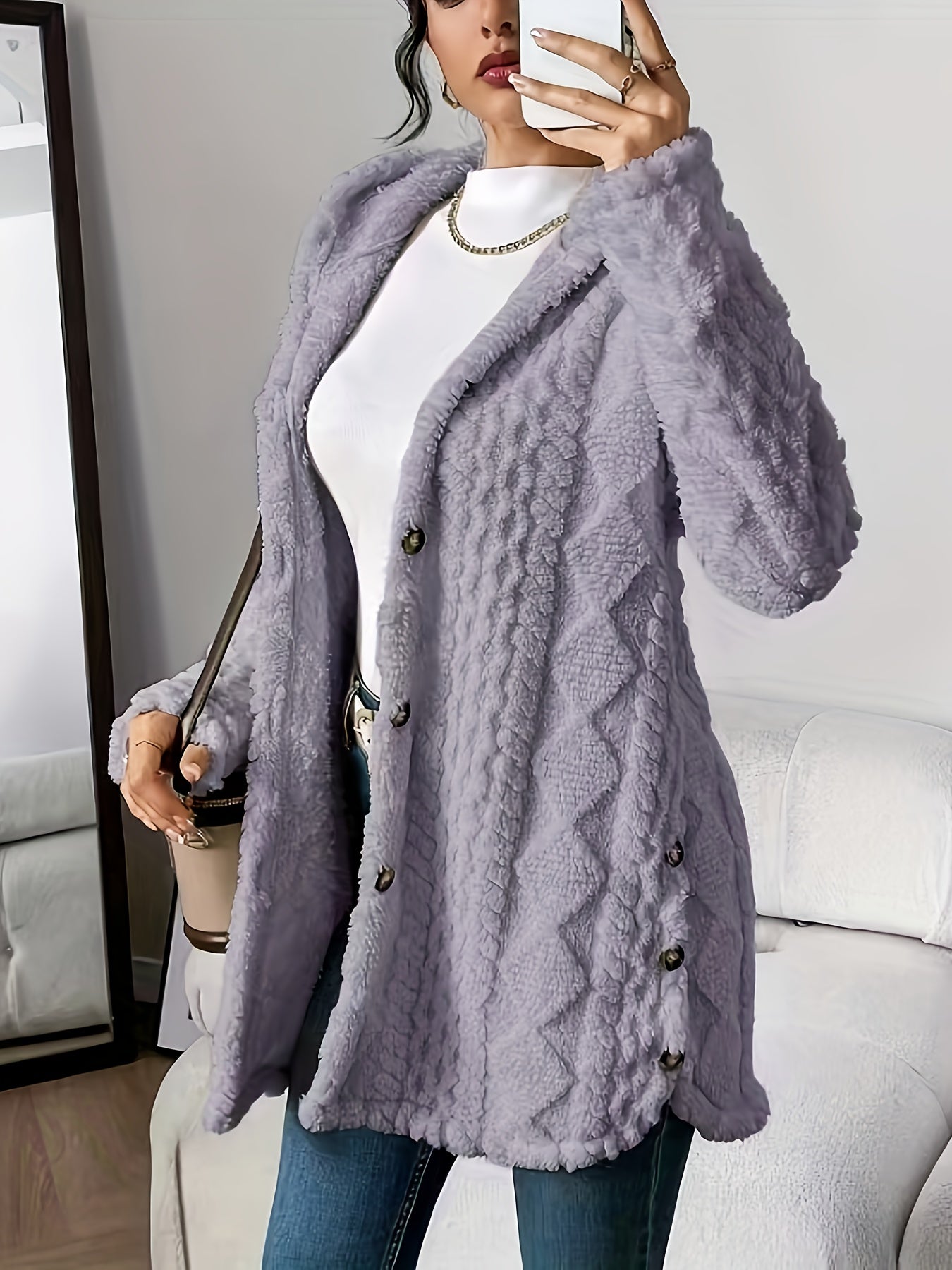 Plüsch-Strickjacke mit Kapuze und Jacquardmuster
