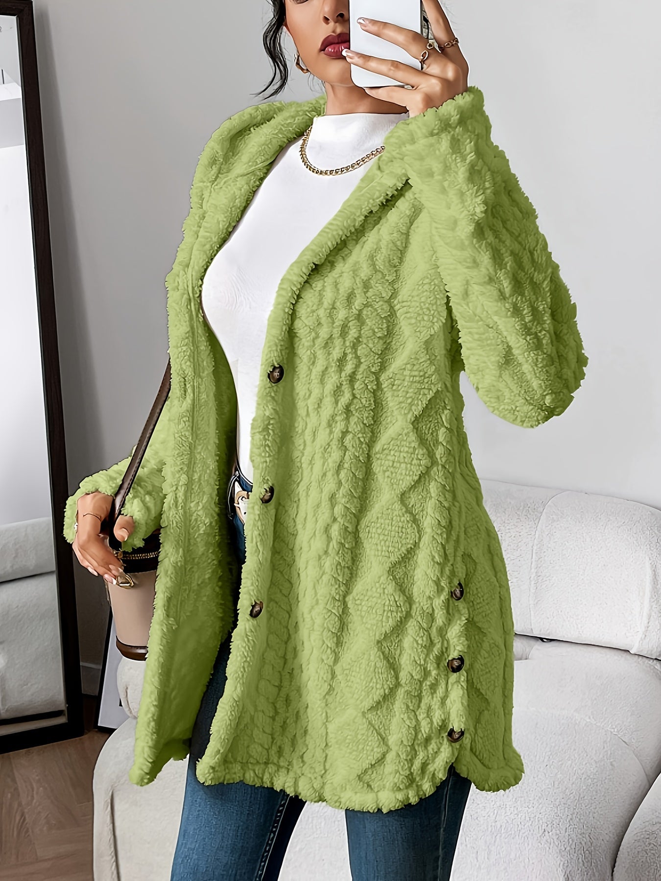 Plüsch-Strickjacke mit Kapuze und Jacquardmuster