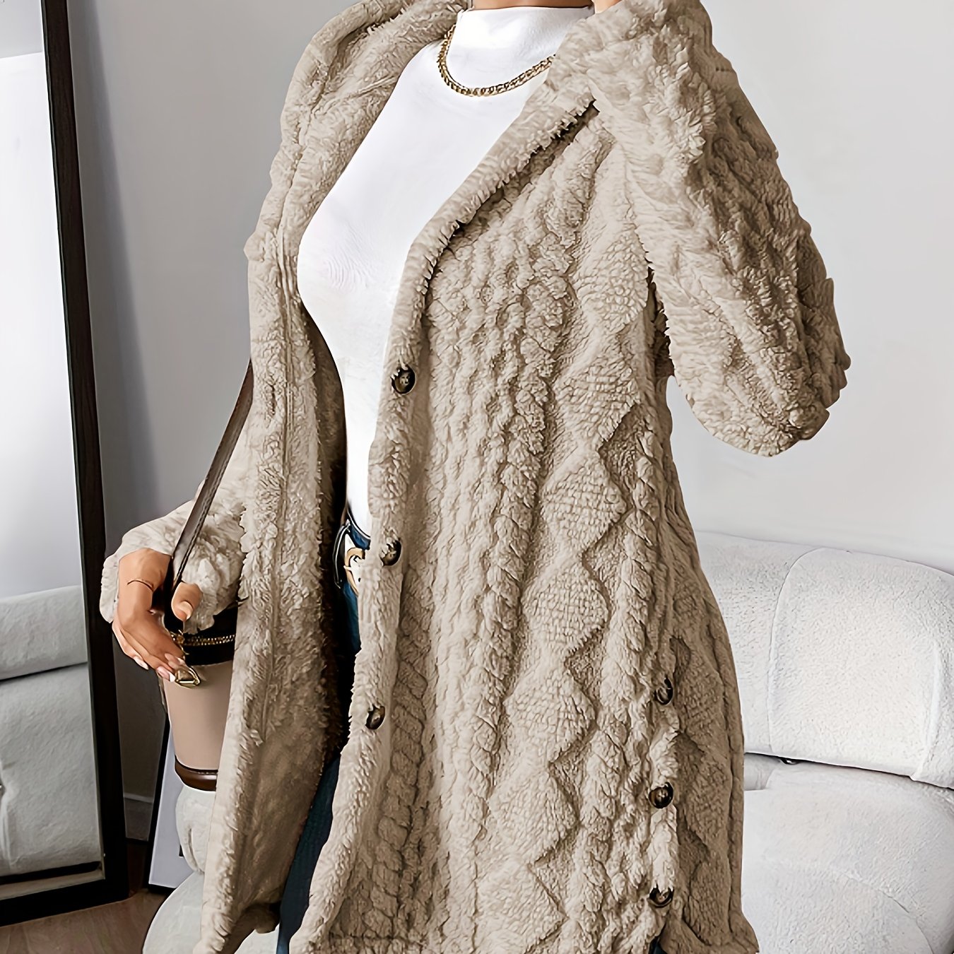 Plüsch-Strickjacke mit Kapuze und Jacquardmuster