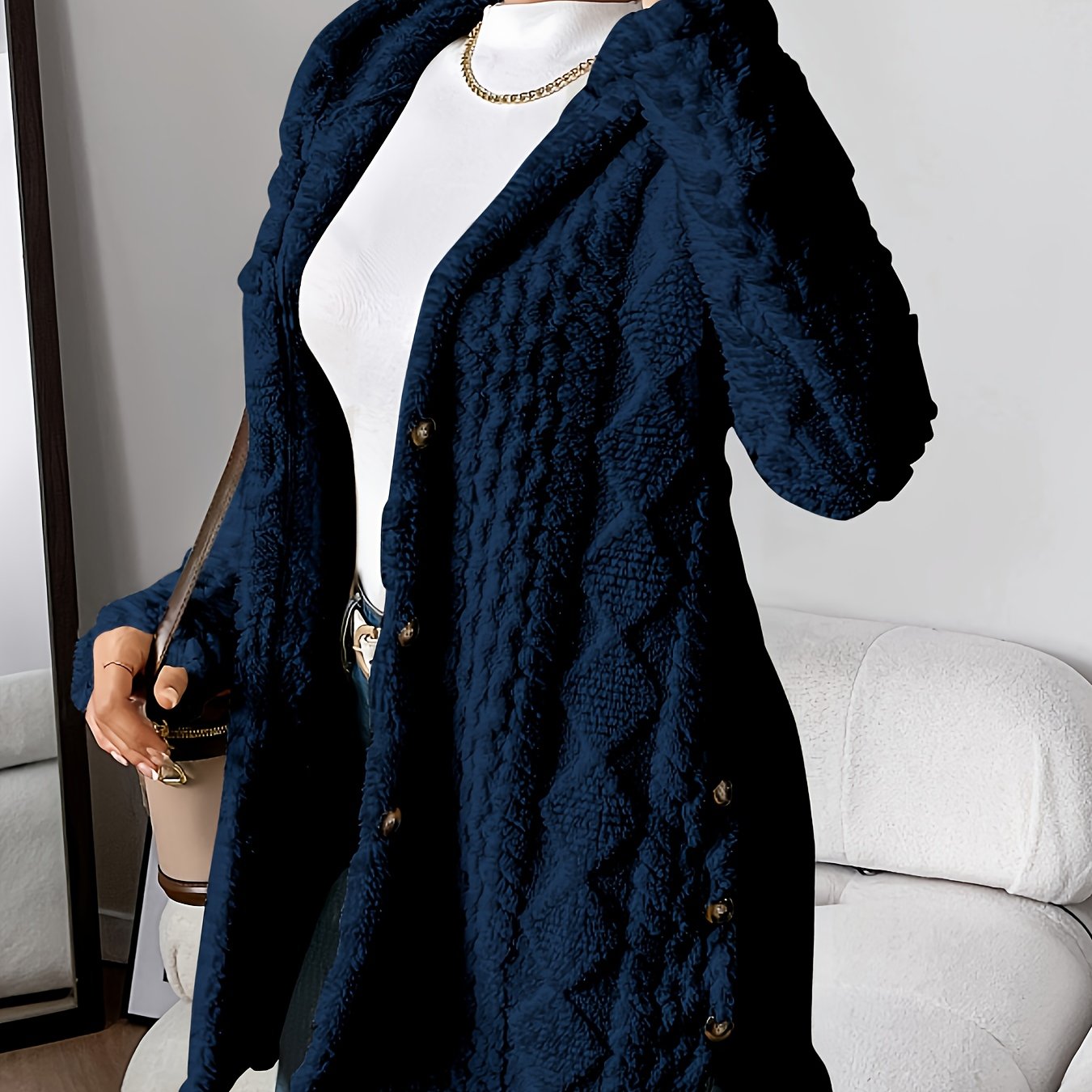 Plüsch-Strickjacke mit Kapuze und Jacquardmuster