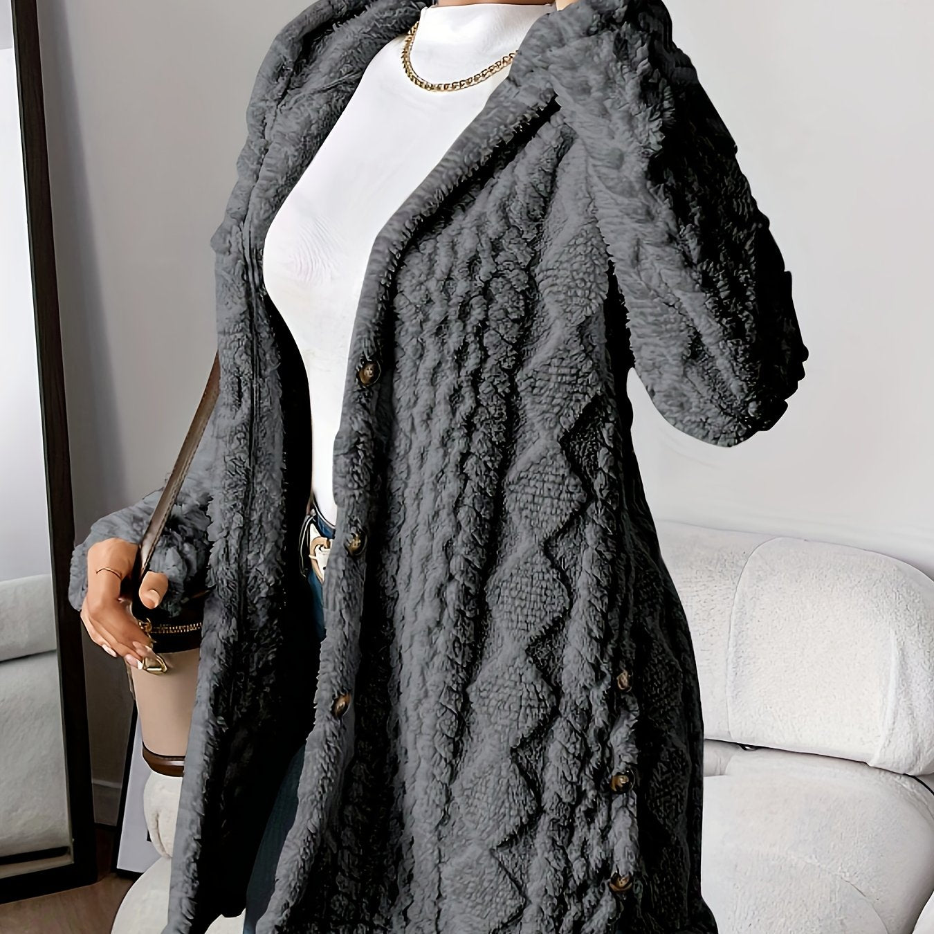Plüsch-Strickjacke mit Kapuze und Jacquardmuster